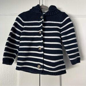 Old Navy Blue and White Striped Knit Cardigan Sweater Hood Baby Toddler 12-18 Mo